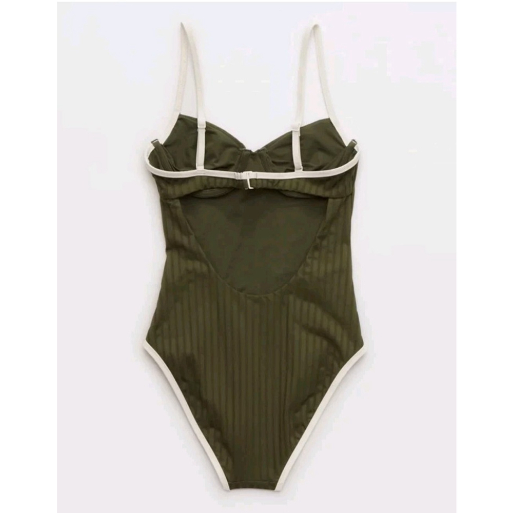 Aerie Ribbed Olive Green One-Piece Swimsuit with Cream Trim - Picture 2 of 6